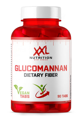 Glucomannan molecular structure and absorption process illustration, highlighting its benefits for diabetes management and weight loss, available through XXL Nutrition in Curacao.