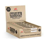 Organic ingredients surrounding XXL Nutrition's Natural Protein Bar on a wooden table, emphasizing the bar's natural, healthful composition.