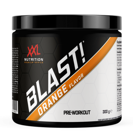 Fuel your workouts with the zesty XXL Nutrition Blast! Pre Workout, featuring the vibrant essence of orange. Available at Mangusa Hypermarket.